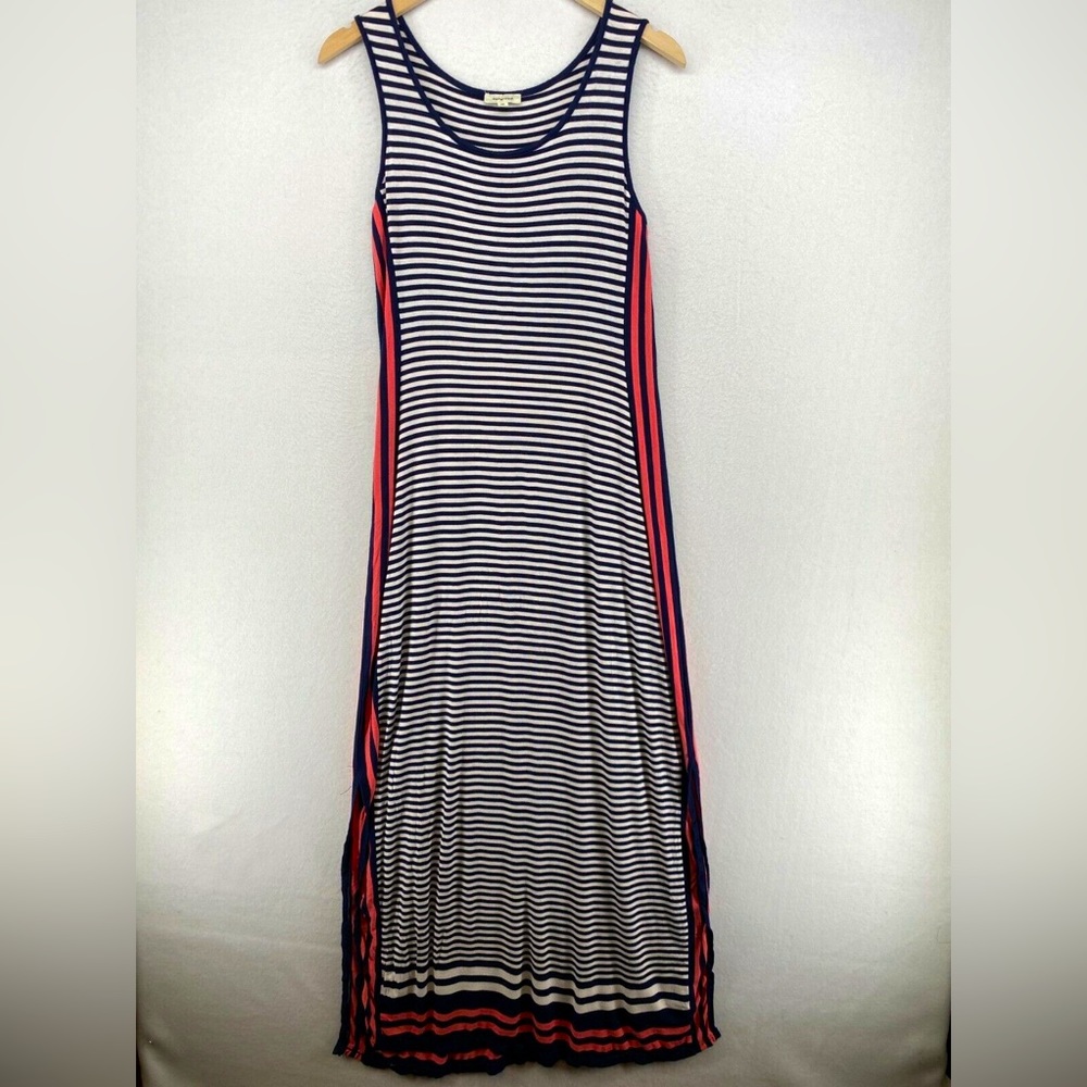 MAX STUDIO Rayon Stretch Jersey Dress L Striped Sleeveless Maxi Blue White Red